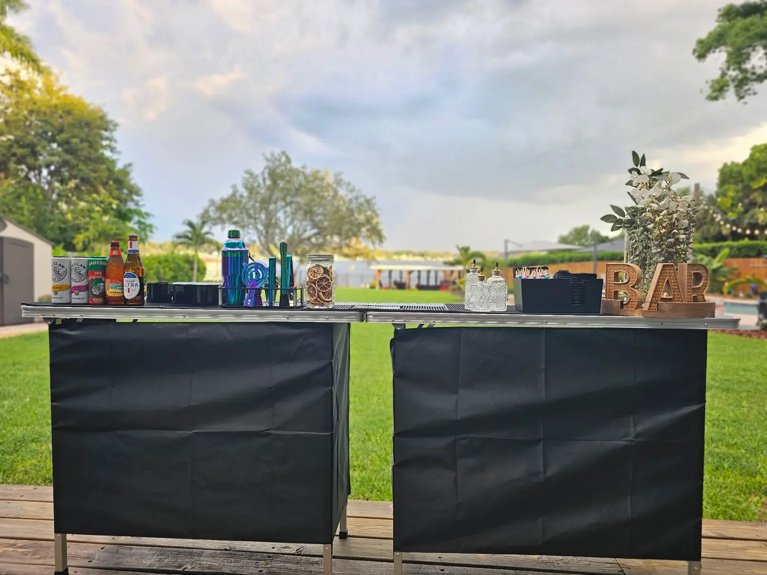 Full bar setup at a poolside party